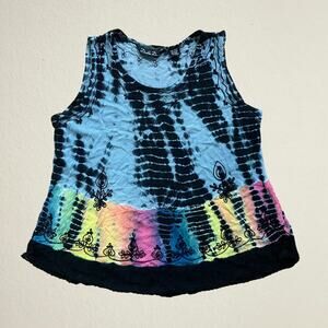 Black rainbow tie dye tank top boho floral embroidery bohemian fairycore hippie